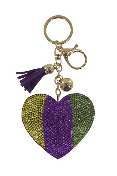 RHINESTONE MARDI GRAS HEART KEYCHAIN WITH TASSEL