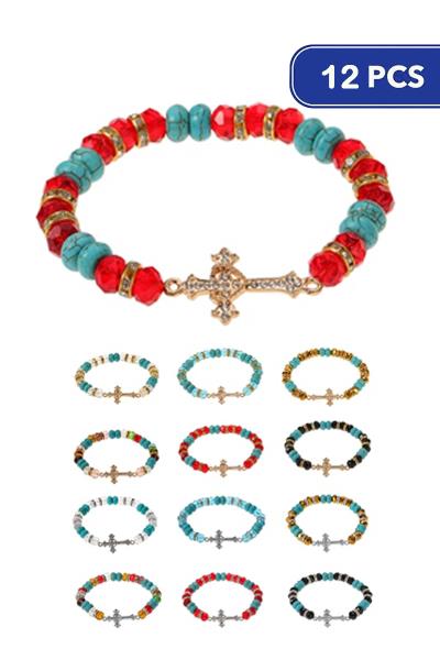 FASHION BEAD CROSS CHARM BRACELET (12 UNITS)