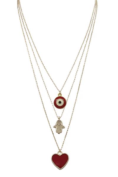 3 LAYERED METAL CHAIN HAMSA HEART PENDANT NECKLACE