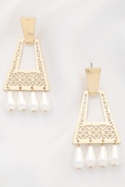 FILIGREE PATTERN PEARL BEAD DANGLE EARRING