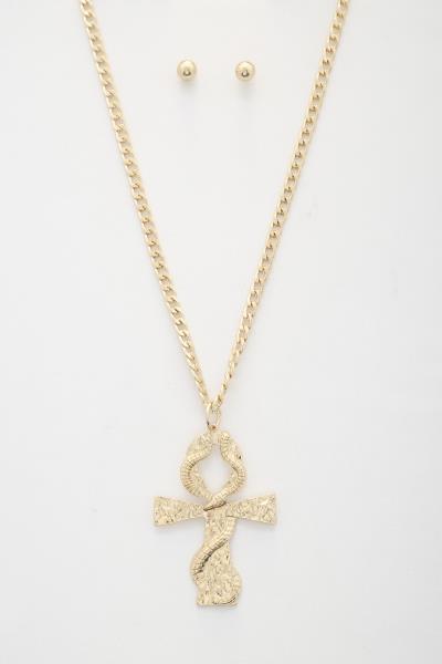 SNAKE WRAP CROSS PENDANT CURB LINK NECKLACE
