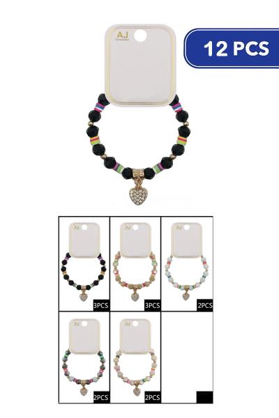 FASHION BEAD HEART CHARM BRACELET (12 UNITS)