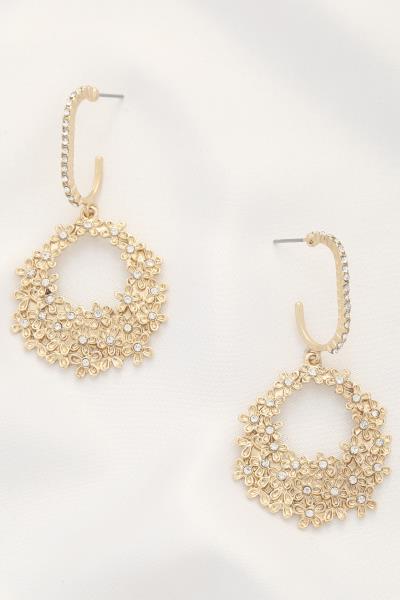 FLOWER PATTERN OPEN OVAL CRYSTAL EDGE DANGLE EARRING