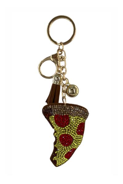 RHINESTONE PIZZA KEYCHAIN WITH TASSEL
