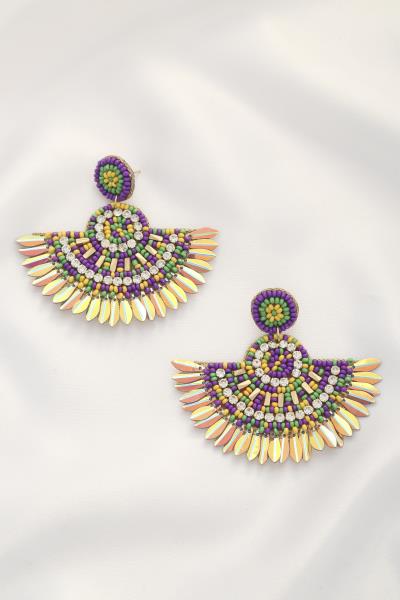 MARDI GRAS SEED BEAD CRYSTAL HALF CIRCLE EARRING