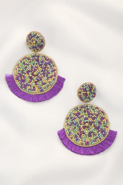 MARDI GRAS SEED BEAD ROUND TASSEL EDGE POST DANGLE EARRING