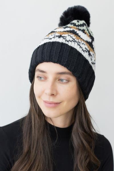 NORDIC POM BEANIE W/ FUR LINING