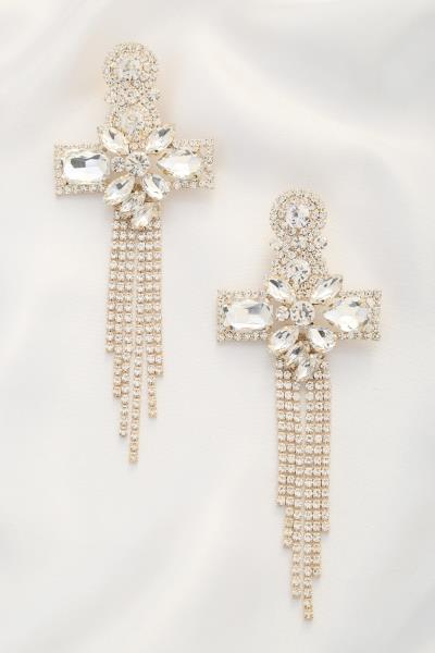 CHUNKY RHINESTONE CROSS DANGLE EARRING