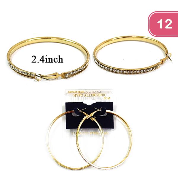 RHINESTONE 6CM STAINLESS STEEL POST HOOP EARRING (12 UNITS)