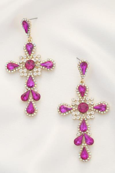 TEARDROP CROSS CRYSTAL DANGLE EARRING