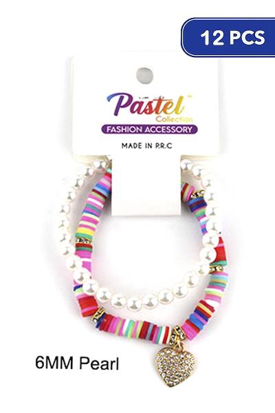 RHINESTONE METAL HEAR DISC PEARL BEAD BRACELET SET (12 UNITS)