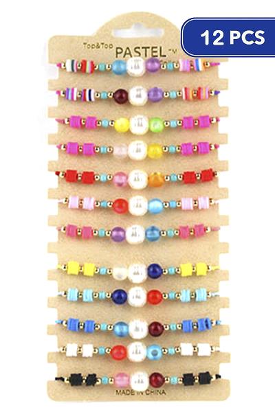 MULTI COLOR DISC BEAD PEARL STRING BRACELET (12 UNITS)