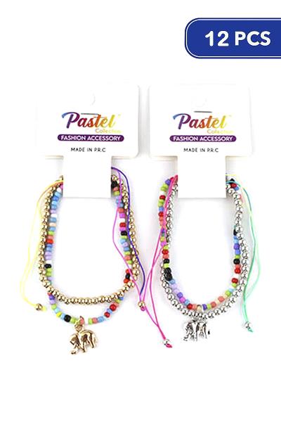 FASHION MULTI COLOR BEAD METAL ELEPHANT BRACELET SET (12 UNITS)