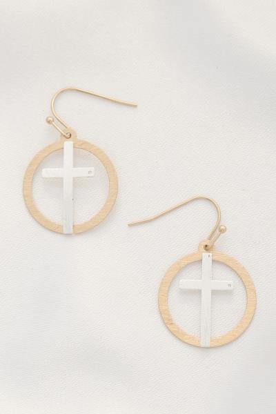 TWO TONE CROSS ROUND DANGLE EARRING
