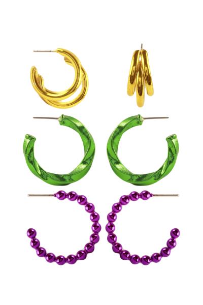 MARDI GRAS ALUMINUM COATING 3PAIR HOOP EARRING