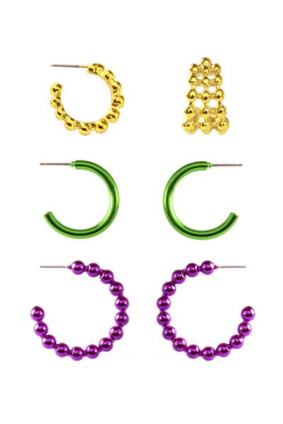 MARDI GRAS ALUMINUM COATING 3PAIR HOOP EARRING