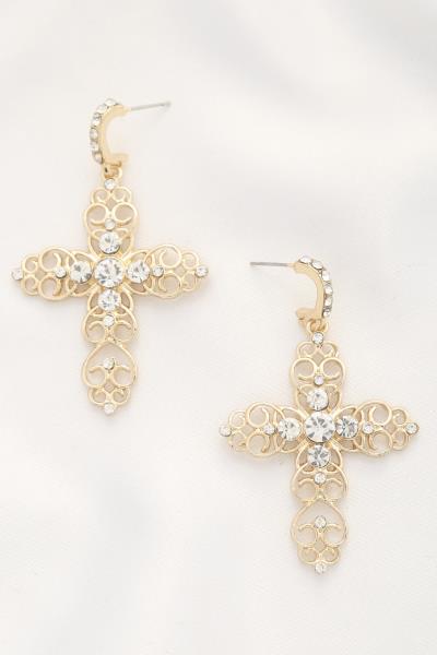 PEARL CROSS METAL DANGLE EARRING