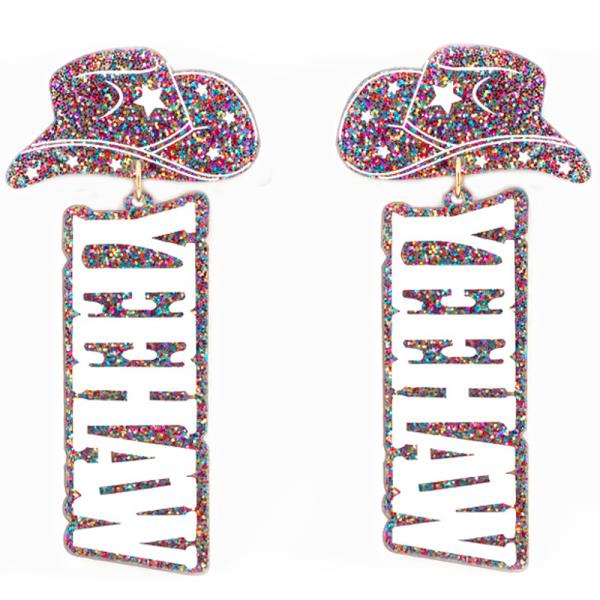 RODEO WESTERN GLITTER YEEHAW HAT DANGLE EARRING