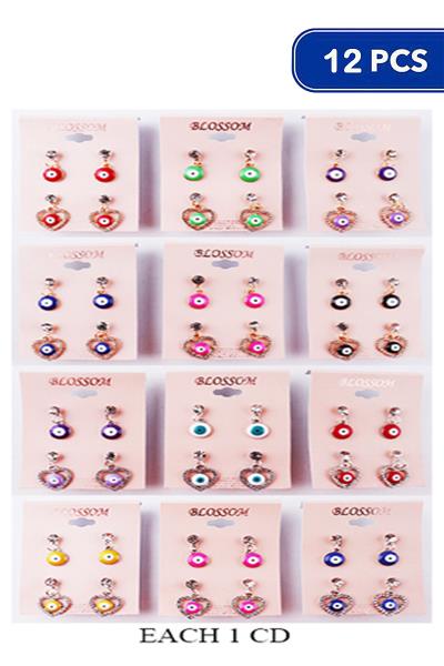 RHINESTONE HEART EYE 2 PAIR EARRING SET 12 UNITS