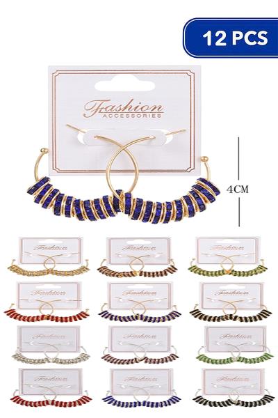 FASHION RHINESTONE COLOR DISC BEAD DESIGN OPEN HOOP EARRING 12 UNITS