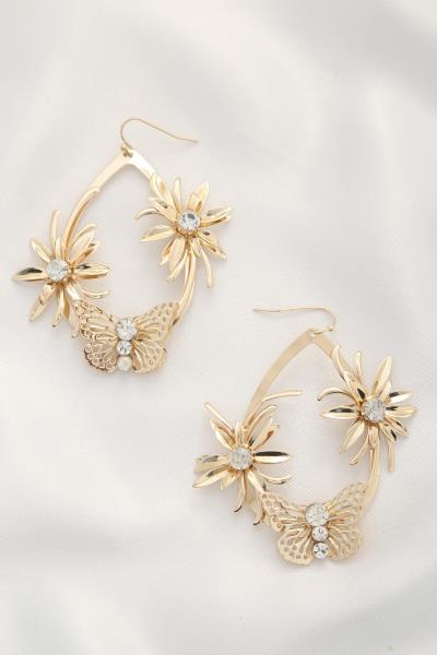 METAL FLOWER TEARDROP DANGLE EARRING