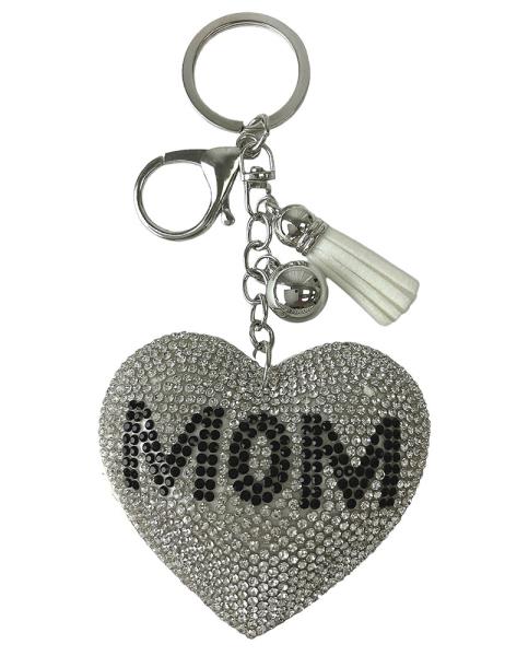 RHINESTONE MOM HEART KEYCHAIN WITH TASSEL