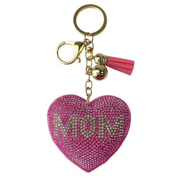 RHINESTONE MOM HEART KEYCHAIN WITH TASSEL