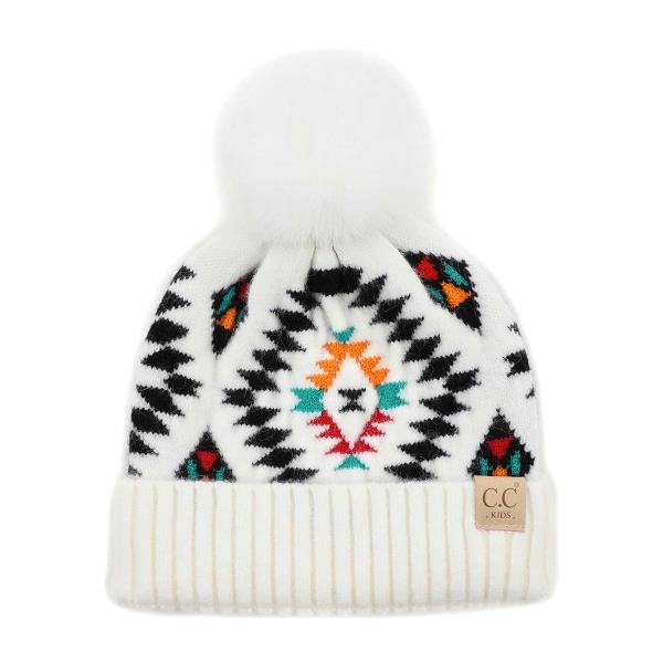 CC KIDS AZTEC PATTERN HAT WITH SOFT FAUX FUR POM