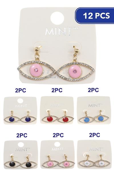 RHINESTONE EYE SHAPE COLORED ROUND EARRING 12 UNITS