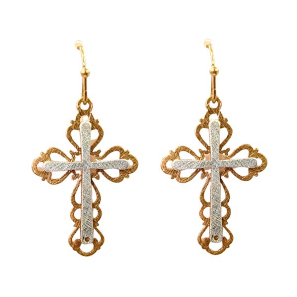 TWO TONE CROSS DANGLE EARRING