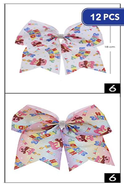 HAPPY BIRTHDAY PRINT RIBBON BOW HAIR PIN CLIP (12 UNITS)