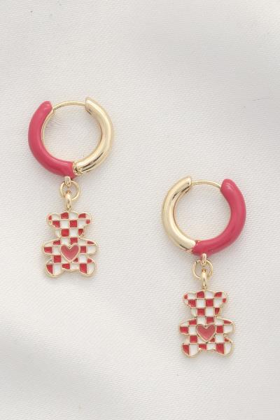 CHECKERED PATTERN TEDDY BEAR DANGLE EARRING