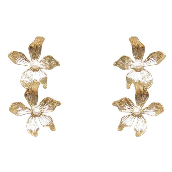 DOUBLE METAL FLOWER PERAL BEAD POST DANGLE EARRING