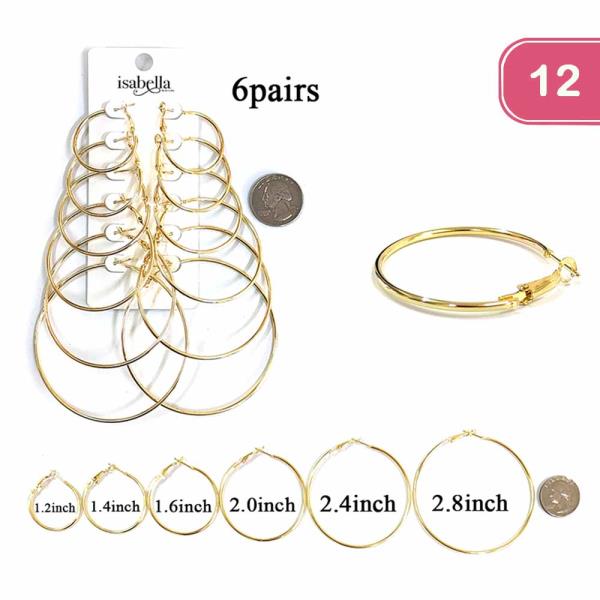 FASHION METAL HOOP 6 PAIR EARRING SET (12 UNITS)