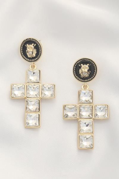 SODAJO LION HEAD CRYSTAL HEART DANGLE EARRING