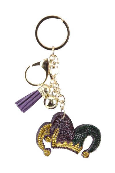 RHINESTONE MARDI GRAS HAT KEYCHAIN WITH TASSEL