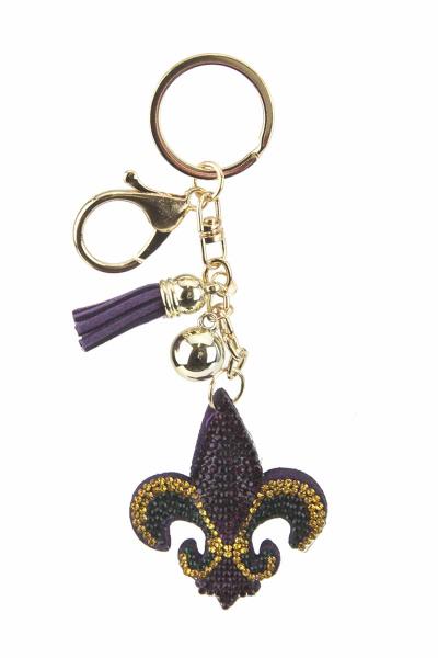 RHINESTONE MARDI GRAS FLEUR DE LIS KEYCHAIN WITH TASSEL