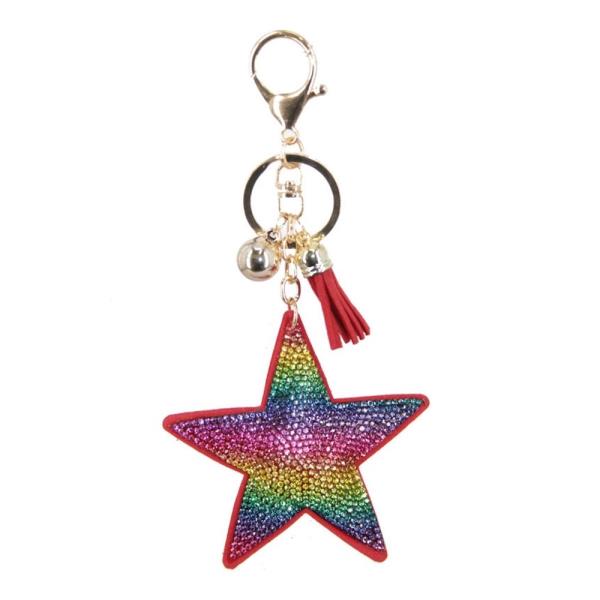 RHINESTONE RAINBOW STAR KEYCHAIN WITH TASSEL