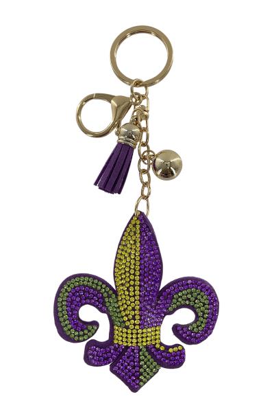 RHINESTONE MARDI GRAS FLEUR DE LIS KEYCHAIN WITH TASSEL