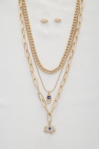 EYE HAMSA HAND CHARM PAPER CLIP LINK METAL LAYERED NECKLACE