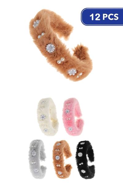 FASHION FAUX FUR PEARL STUDDED HEADBAND (12 UNITS)