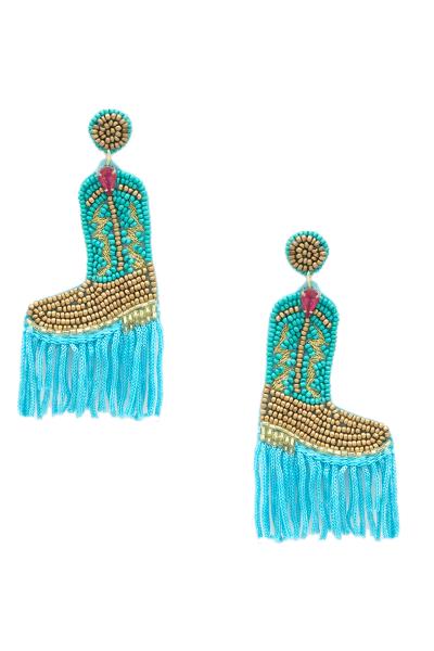 SEED BEAD RODEO WESTERN BOOTS TASSEL DANGLE EARRING