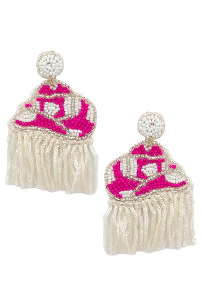 SEED BEAD RODEO WESTERN HAT TASSEL DANGLE EARRING