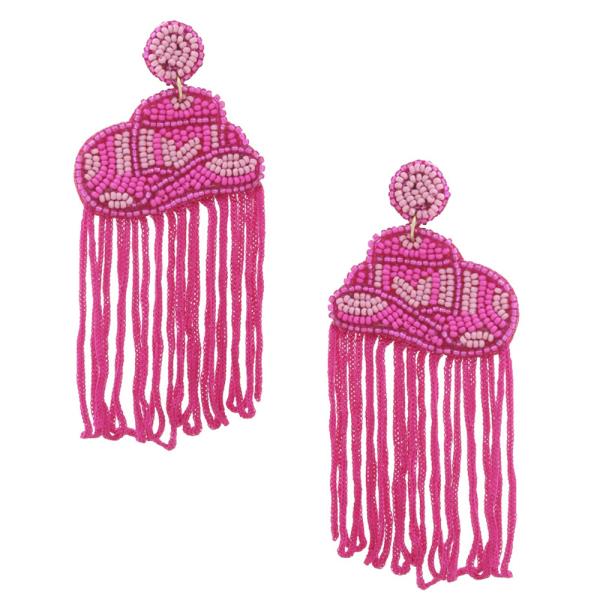 SEED BEAD RODEO WESTERN HAT TASSEL DANGLE EARRING