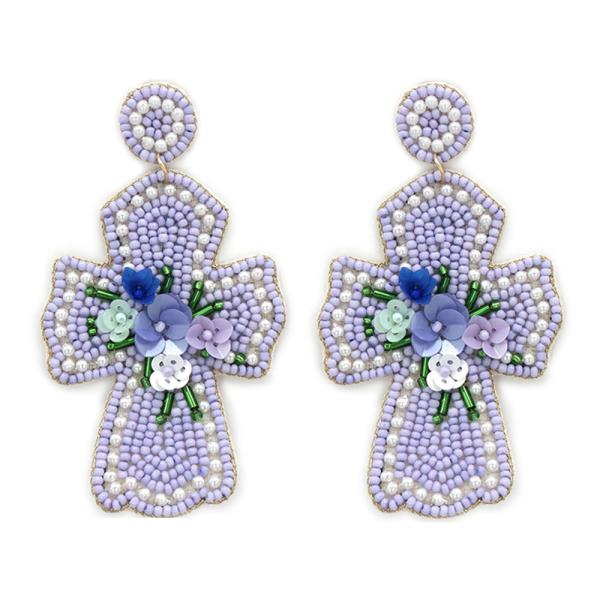 SEED BEAD FLOWER CROSS DANGLE EARRING
