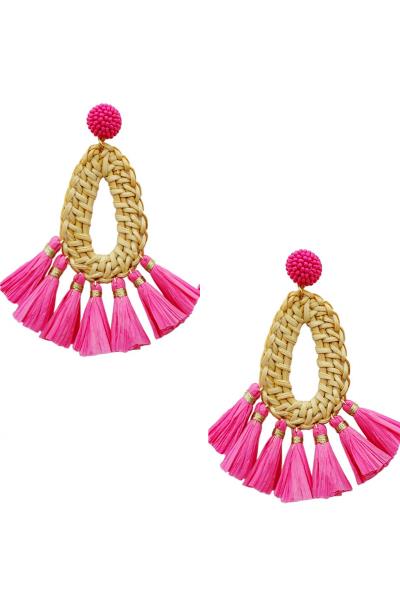RATTAN W/RAFFIA TASSEL EARRING