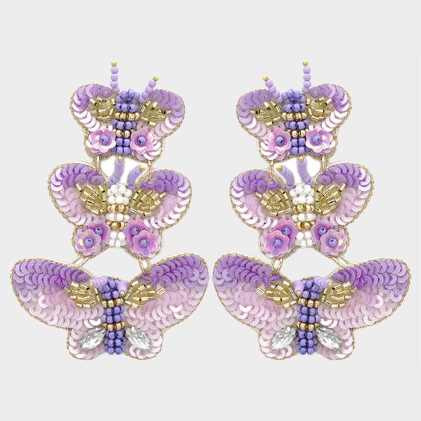 TRIPLE BUTTERFLY SEQUIN DANGLE EARRING