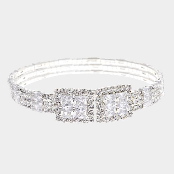 RHINESTONE CUBIC ZIRCONIA BAGUETTE 3 LINE BRACELET CUFF