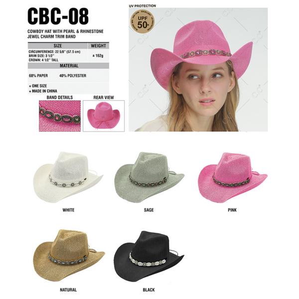 CC COWBOY HAT WITH PEARL & RHINESTONE JEWEL CHARM TRIM BAND
