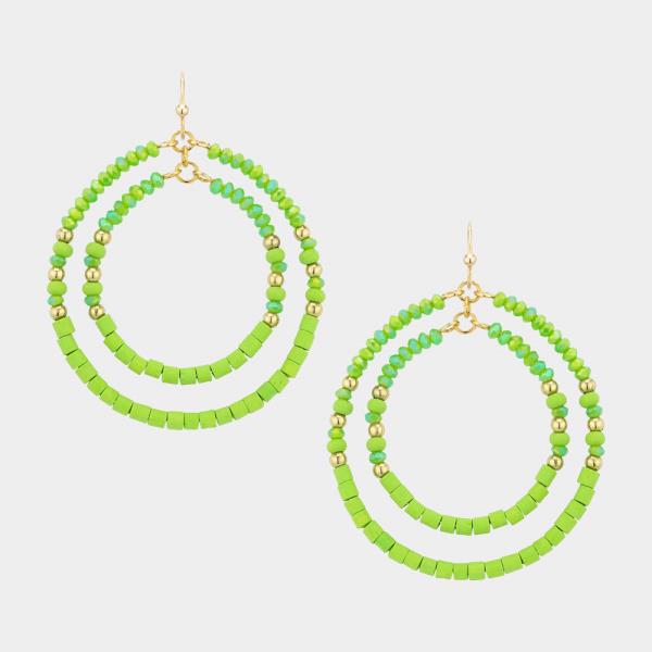 GLASS WOOD METAL DOUBLE CIRCLE DANGLE EARRING